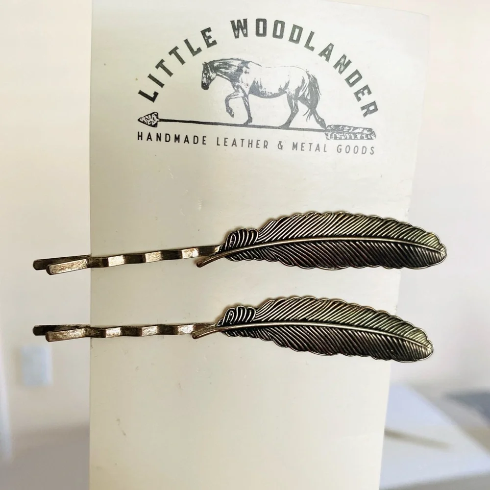 LITTLE WOODLANDER Silver Feather Hair Pins Bobby Pin 2 pc. Woodlands Nature